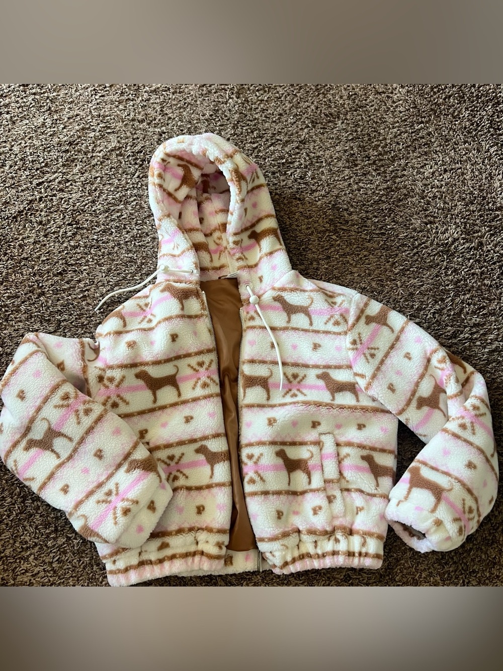PINK Victoria's Secret Plush Hooded Jacket in Pink & Cream